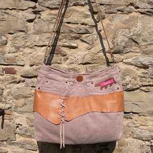 Cord bag with leather belt upcycling unique