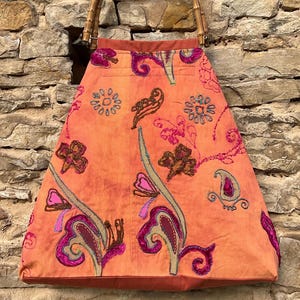 Tote bag shopper beach bag orange with flowers