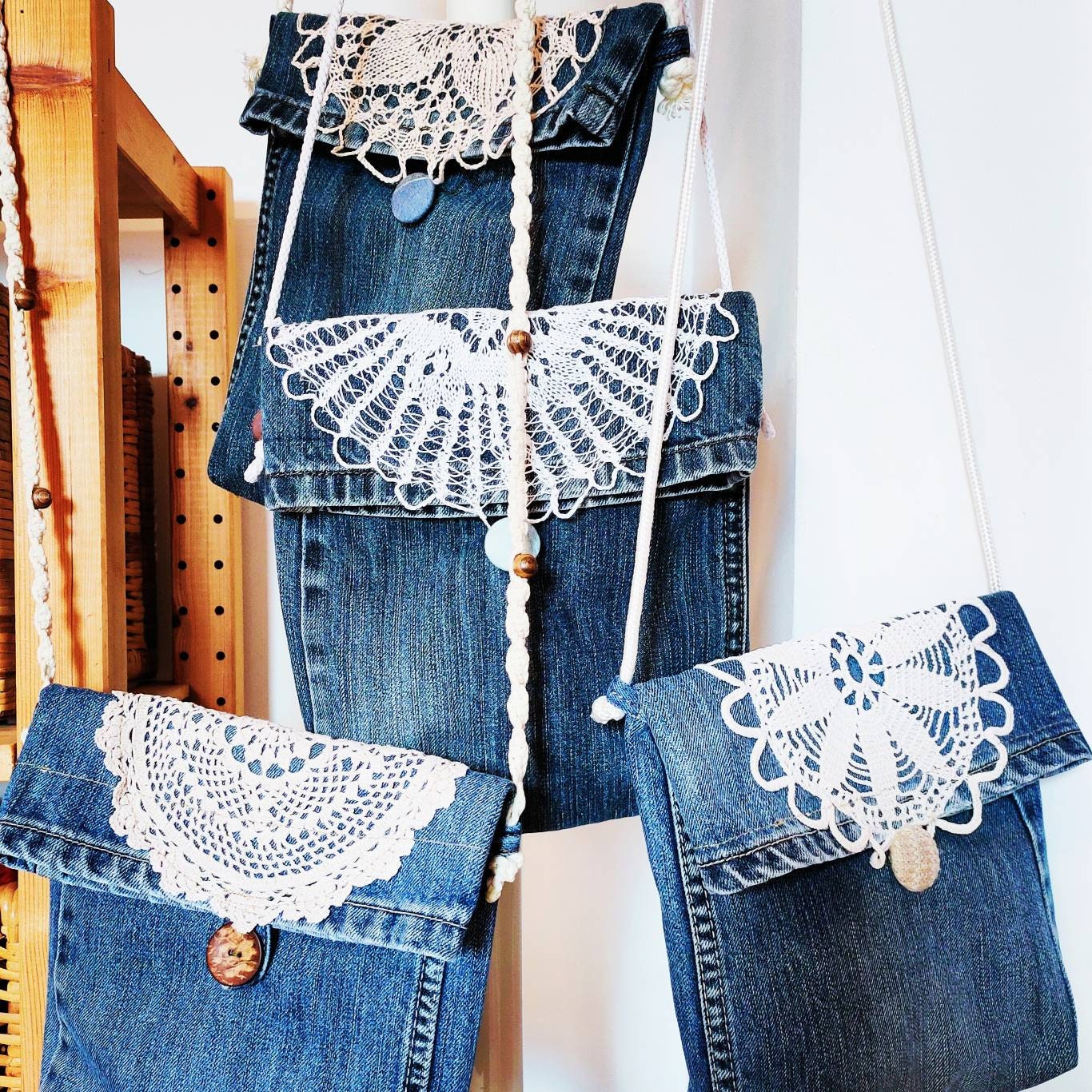 Foldover jeans bag with lace doily upcycling unique