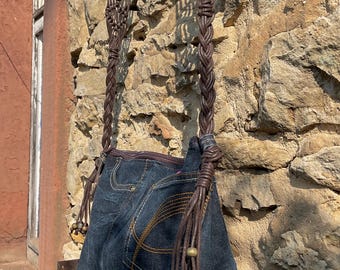 Jeans bag handbag boho macrame