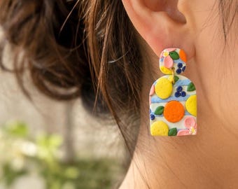 Handmade Polymer Clay Citrus Dangler Earrings – Summer Fruit Design