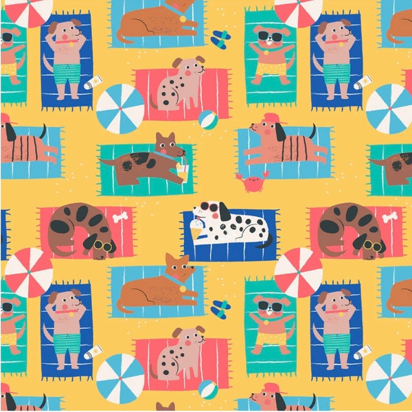 Dashwood Studio, Puppy Pool Party Collection, PUPP2316, Dogs laying out on beach towels on sandy background, Fabric for Quilting and Sewing