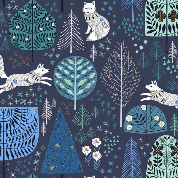 Dashwood Studio, Arctic 2202, arctic foxes exploring a winter forest with metallic accent on navy, Fabric for quilting and sewing