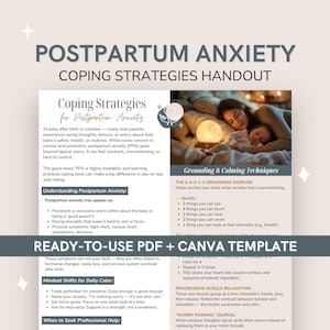 Op de afbeelding: Een handout getiteld "Postpartum Angst Coping Strategieën" met tekst over angst na de bevalling, aardingstechnieken en mindset verschuivingen. Bevat een foto van een moeder en baby. De handout is een kant-en-klare PDF- en Canva-sjabloon.
