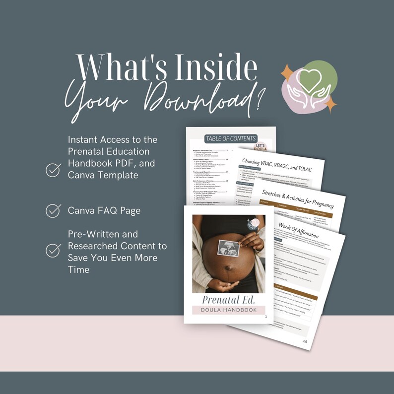 K&ouml;nnte beinhalten: Grafik f&uuml;r digitalen Download mit dem Text "What's Inside Your Download?" und einer Liste von Funktionen. Das Bild enth&auml;lt ein "Prenatal Ed. Doula Handbook" und Seiten mit Inhalten wie "Inhaltsverzeichnis" und "Dehn&uuml;bungen & Aktivit&auml;ten f&uuml;r die Schwangerschaft."