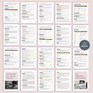 K&ouml;nnte beinhalten: Eine Sammlung von 20 bedruckten Seiten mit Titeln wie "Nutrition & Hydration in Pregnancy" und "The Immediate Postpartum". Die Seiten haben einen wei&szlig;en Hintergrund mit schwarzem Text und braunen Akzenten. Das Bild enth&auml;lt ein Foto von Mutter und Kind.