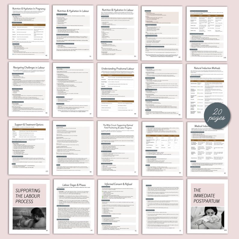 K&ouml;nnte beinhalten: Eine Sammlung von 20 bedruckten Seiten mit Titeln wie "Nutrition & Hydration in Pregnancy" und "The Immediate Postpartum". Die Seiten haben einen wei&szlig;en Hintergrund mit schwarzem Text und braunen Akzenten. Das Bild enth&auml;lt ein Foto von Mutter und Kind.