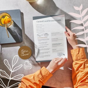 May include: A printed Curated Local Resource Guide document featuring sections for professional contacts, recommended reading, and evidence-based birth resources. A brown circular sticker reads Edit in Canva, accompanied by a Canva logo icon.