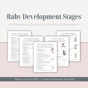 Puede incluir: Un conjunto de cinco hojas informativas tituladas Baby Development Stages, 6 Milestones Guides for Parents & Educators. Cada hoja detalla hitos del desarrollo para rangos de edad desde el nacimiento hasta los dos años, con texto e ilustraciones.
