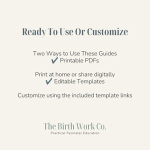 Puede incluir: Un gr&aacute;fico informativo digital con texto gris oscuro sobre un fondo crema claro. Se lee: Ready To Use Or Customize, Two Ways to Use These Guides, Printable PDFs, Print at home or share digitally, Editable Templates, Customize using the included template links, The Birth Work Co. Practical Perinatal Education.