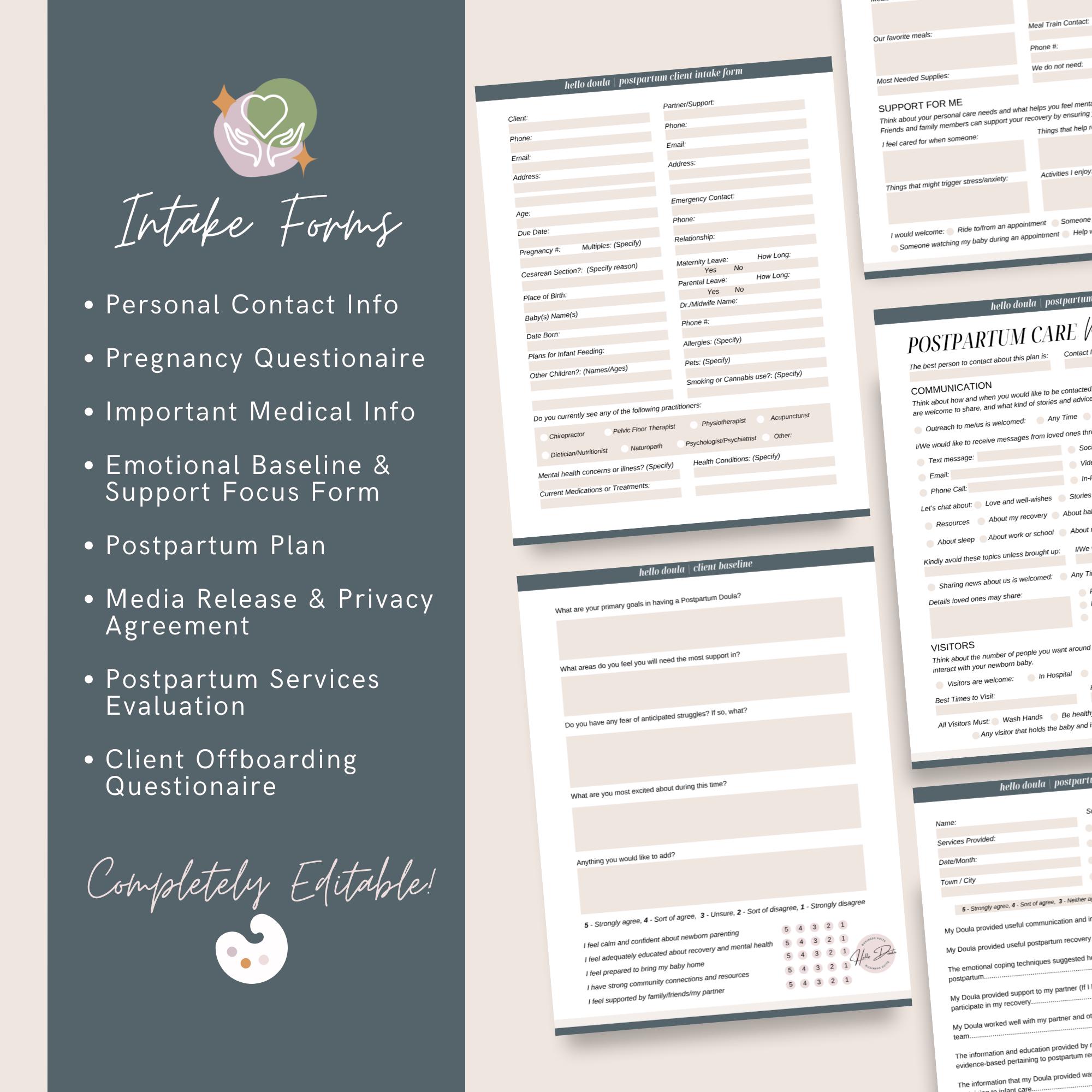 Postpartum Doula Contract & Intake Forms Bundle | Editable Canva ...