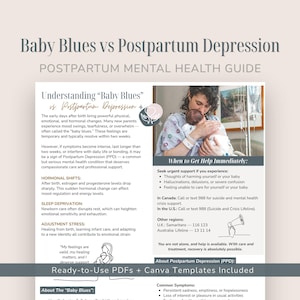 May include: An educational infographic titled Baby Blues vs Postpartum Depression, Postpartum Mental Health Guide. It features text explaining symptoms, hormonal shifts, and crisis resources, alongside a photo of a parent holding a newborn.