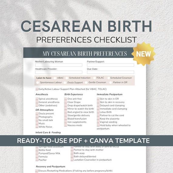C-Section Birth Preferences Checklist: Gentle Cesarean Plan (PDF + Canva)