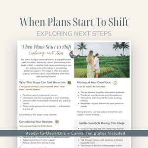 May include: A digital information sheet titled When Plans Start To Shift Exploring Next Steps, featuring a photograph of two people in a field, bulleted text sections about decision-making, and a footer stating Ready-to-Use PDFs + Canva Templates Included.