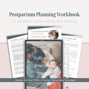 Manuale di pianificazione post-parto per doule: modello Canva modificabile di 23 pagine per le clienti.