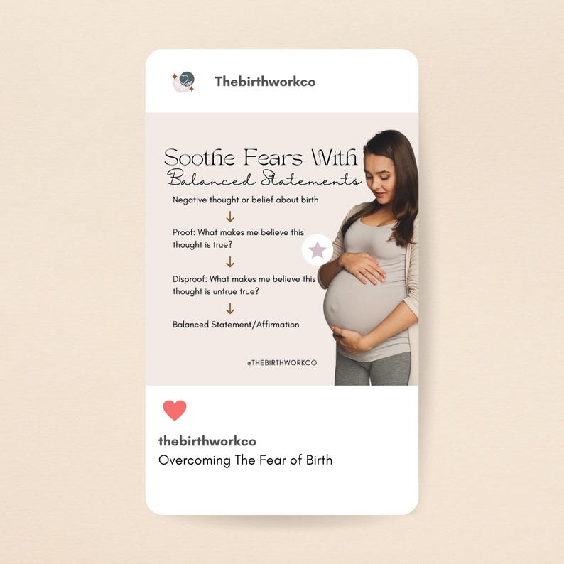 Puede incluir: Un gr&aacute;fico digital que muestra a una persona embarazada con una camiseta gris y el texto Soothe Fears With Balanced Statements, seguido de una lista de pasos que incluye Proof, Disproof, Balanced Statement/Affirmation y el texto Overcoming The Fear of Birth.