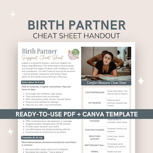 Puede incluir: Un folleto imprimible con una hoja de trucos para el acompañante en el parto. El documento proporciona orientación y apoyo para el parto, incluidas medidas de confort y consejos para el trabajo de parto temprano. El documento es una plantilla PDF y Canva lista para usar.
