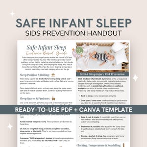 以下が含まれることがあります： 「SAFE INFANT SLEEP SIDS PREVENTION HANDOUT」と題されたハンドアウト。乳児の安全な睡眠習慣に関する情報が記載されています。睡眠姿勢、睡眠スペース、製品に関する情報が含まれています。赤ちゃんがベビーベッドで寝ている様子が描かれています。すぐに使えるPDFとCanvaテンプレートです。