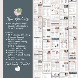 May include: A digital product featuring perinatal education handouts and Canva templates. Includes guides on pregnancy, birth prep, labour support, mental health, breastfeeding, and newborn care. The text says "Completely Editable!"