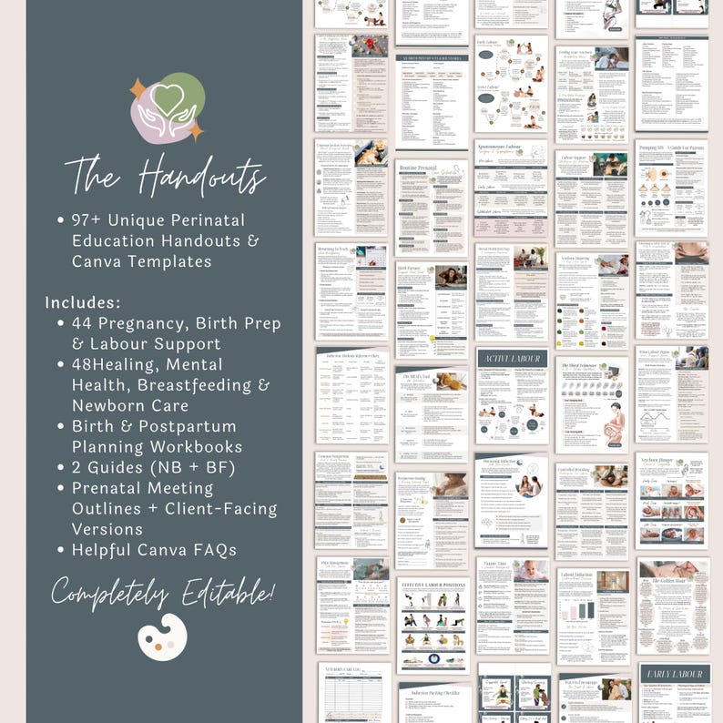 May include: A digital product featuring perinatal education handouts and Canva templates. Includes guides on pregnancy, birth prep, labour support, mental health, breastfeeding, and newborn care. The text says "Completely Editable!"