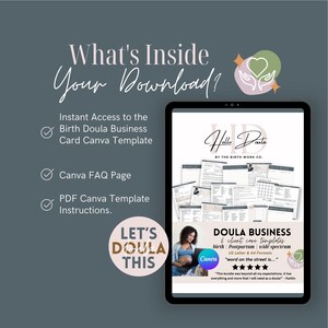 Puede incluir: Una tableta digital que muestra una plantilla de Canva para una tarjeta de presentaci&oacute;n de doula de parto. La plantilla incluye una variedad de cuadros de texto, im&aacute;genes e iconos. El texto en la tableta dice "Hello Doula by The Birth Work Co." y "Doula Business & Client Care Templates".