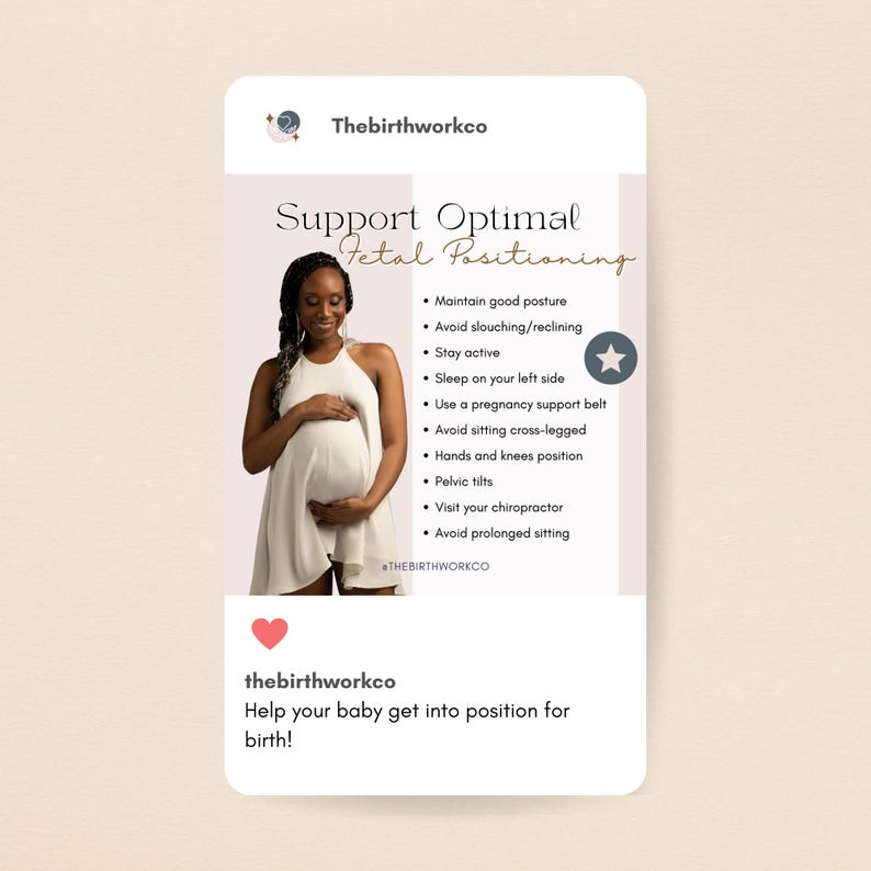 Puede incluir: Un gr&aacute;fico digital de Thebirthworkco con una persona embarazada en un vestido blanco. El texto dice Support Optimal Fetal Positioning y enumera consejos como mantener una buena postura, mantenerse activo y dormir sobre el lado izquierdo. El texto inferior dice Help your baby get into position for birth!