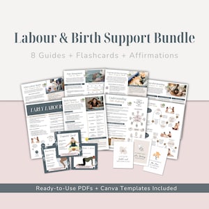 Peut inclure: Un ensemble de soutien à l'accouchement comprenant 8 guides, des cartes mémo et des affirmations. La collection inclut des documents imprimés avec du texte, des schémas et des illustrations détaillant les étapes de la naissance et le soutien.