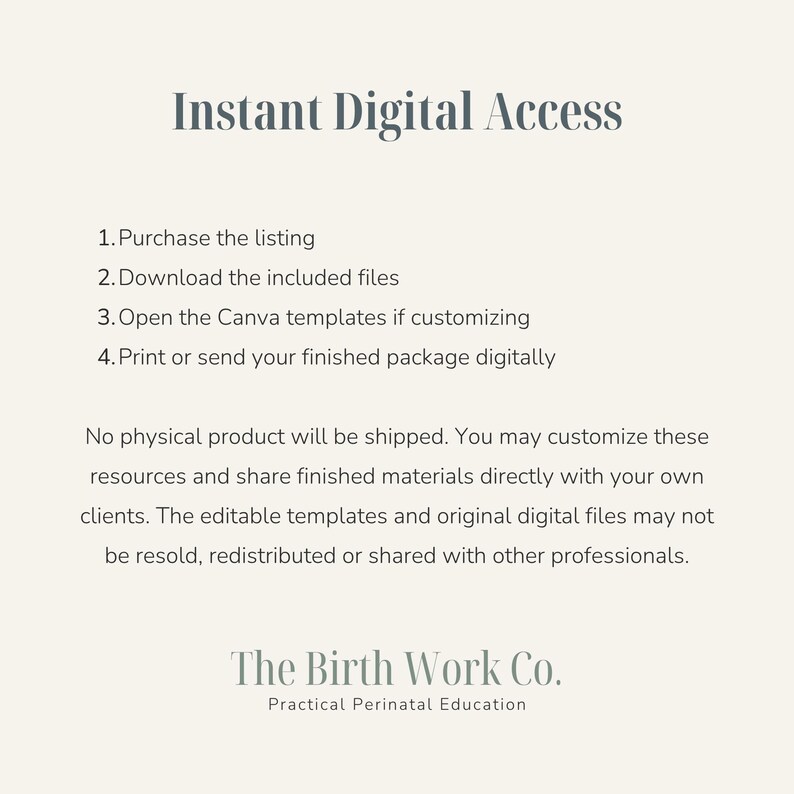 May include: A digital information graphic with the heading Instant Digital Access. It lists four steps: 1. Purchase the listing, 2. Download the included files, 3. Open the Canva templates if customizing, 4. Print or send your finished package digitally.