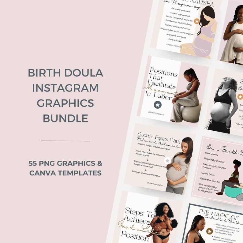 Puede incluir: Un paquete digital de 55 gr&aacute;ficos PNG y plantillas de Canva para doulas. La colecci&oacute;n incluye publicaciones educativas para redes sociales con texto, ilustraciones de personas embarazadas y fotograf&iacute;as de personas en diversas posiciones de parto.