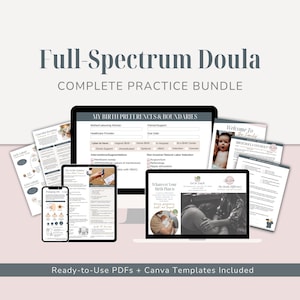 Fullspektrum Doula Practice Package | Komplett verktygslåda för fertilitet, förlossning och postpartumstöd med redigerbara Canva-mallar