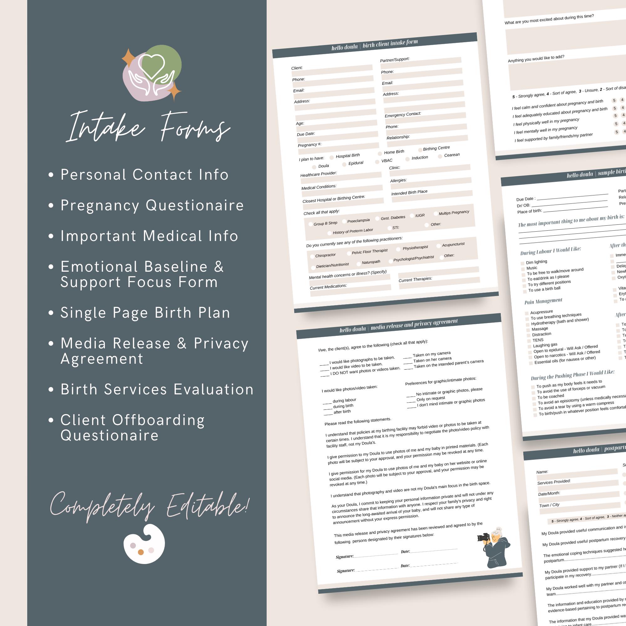Birth Doula Client Intake Forms | Editable Canva Templates for Prenatal ...