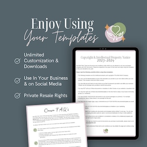 Puede incluir: Una pantalla de tableta digital que muestra un aviso de derechos de autor y propiedad intelectual para plantillas. El aviso incluye los t&eacute;rminos y condiciones para usar las plantillas, incluyendo la personalizaci&oacute;n y descargas ilimitadas, el uso en negocios y redes sociales, y los derechos de reventa privados. La pantalla tambi&eacute;n incluye una secci&oacute;n de preguntas frecuentes de Canva con instrucciones sobre c&oacute;mo usar las plantillas.