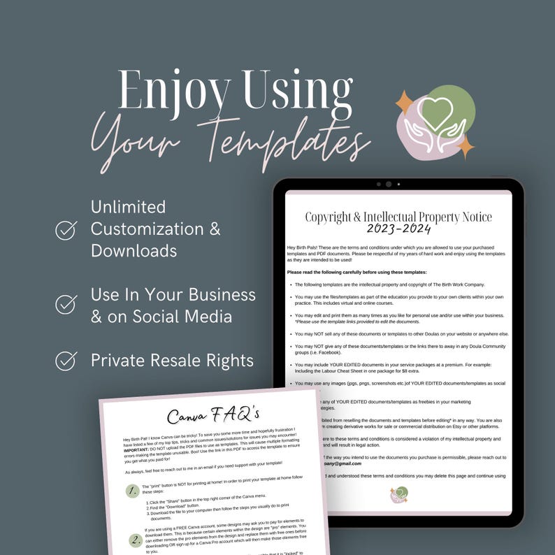 Puede incluir: Una pantalla de tableta digital que muestra un aviso de derechos de autor y propiedad intelectual para plantillas. El aviso incluye los t&eacute;rminos y condiciones para usar las plantillas, incluyendo la personalizaci&oacute;n y descargas ilimitadas, el uso en negocios y redes sociales, y los derechos de reventa privados. La pantalla tambi&eacute;n incluye una secci&oacute;n de preguntas frecuentes de Canva con instrucciones sobre c&oacute;mo usar las plantillas.