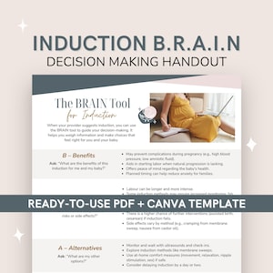 May include: A handout titled "INDUCTION B.R.A.I.N DECISION MAKING HANDOUT" with text about induction, benefits, and alternatives. The handout includes a photo of a pregnant person. The text is in black and gray.