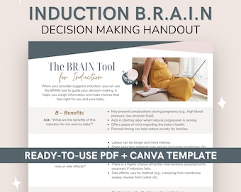 May include: A handout titled "INDUCTION B.R.A.I.N DECISION MAKING HANDOUT" with text about induction, benefits, and alternatives. The handout includes a photo of a pregnant person. The text is in black and gray.
