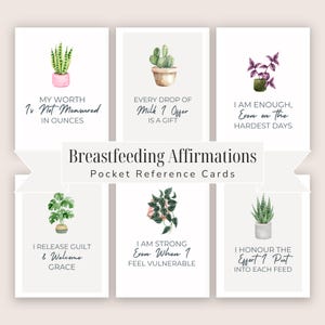 May include: A set of six rectangular cards titled Breastfeeding Affirmations Pocket Reference Cards. Each card features a watercolor plant illustration and text including phrases like My Worth Is Not Measured In Ounces and I Am Enough, Even On The Hardest Days.