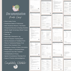 May include: A set of printable doula forms, featuring the text "Documentation Made Easy!" and a list of forms such as client intake, postpartum needs, and feeding logs. The forms are designed to be completely editable.