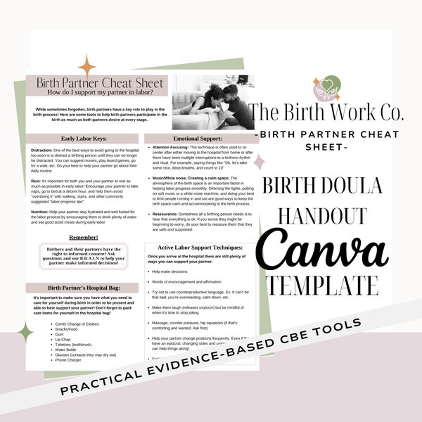 Labor/Labour and Birth Partner Cheat Sheet | Birth Doula Handout | Childbirth Education | Doula Templates