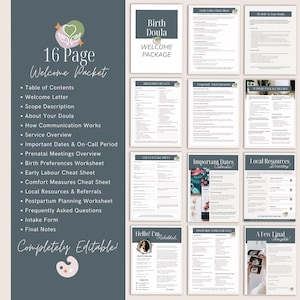 May include: A 16-page birth doula welcome packet template featuring a dark blue sidebar with a list of contents and a collection of white document pages with black text, including sections for birth preferences, intake forms, and resources.