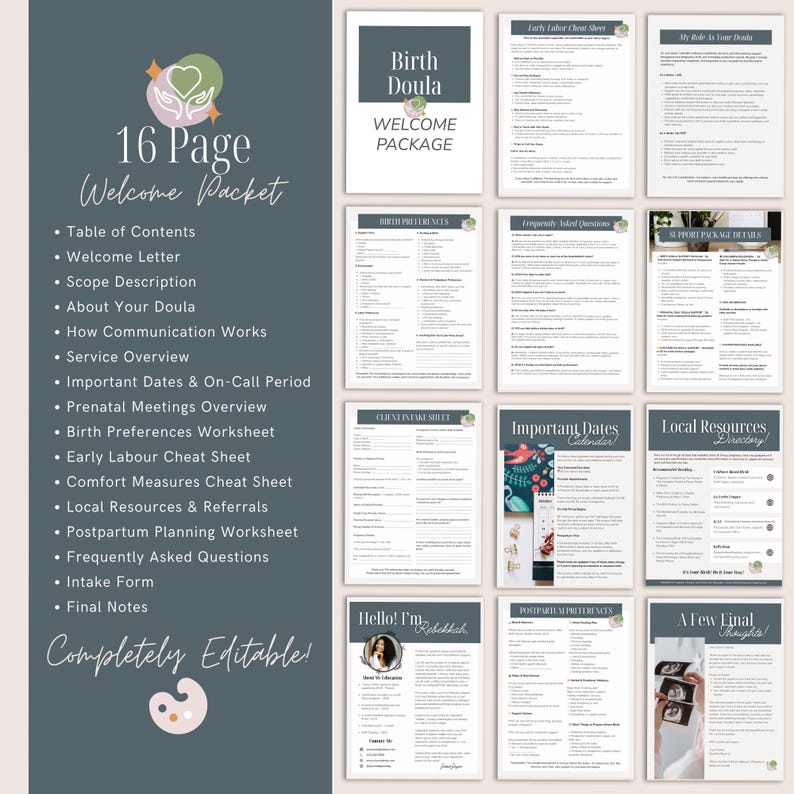 May include: A 16-page birth doula welcome packet template featuring a dark blue sidebar with a list of contents and a collection of white document pages with black text, including sections for birth preferences, intake forms, and resources.