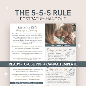 Die 5-5-5-Regel Postpartum-Wiederherstellungsanleitung | Sanfte Vierte Trimester-Bildung und bearbeitbare Canva-Vorlage