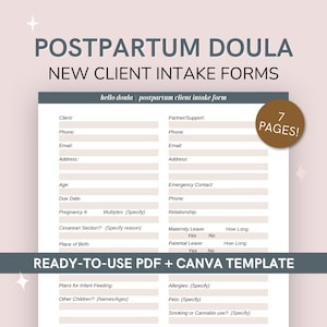 Editable Postpartum Doula Intake Forms – Canva Templates + PDF Questionnaires & Agreements for Doula Client Onboarding