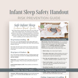 Può includere: Un foglio informativo intitolato Infant Sleep Safety Handout e Risk Prevention Guide. Il documento contiene testo sulle pratiche di sonno sicuro, la prevenzione della SIDS e gli spazi per dormire, con una foto di un bambino in culla.