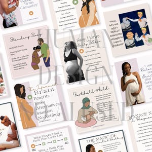 Puede incluir: Una colecci&oacute;n de gr&aacute;ficos educativos para redes sociales con ilustraciones y fotograf&iacute;as relacionadas con el embarazo, el parto y el nacimiento. Las tarjetas incluyen t&iacute;tulos de texto como Standing Sway, Football Hold y The Magic of Controlled Breathing.