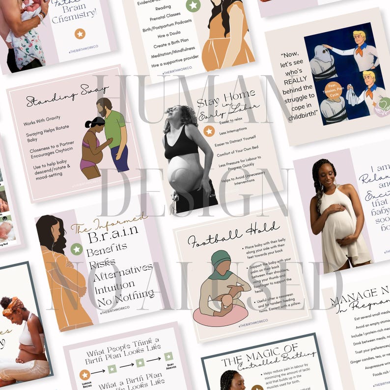 Puede incluir: Una colecci&oacute;n de gr&aacute;ficos educativos para redes sociales con ilustraciones y fotograf&iacute;as relacionadas con el embarazo, el parto y el nacimiento. Las tarjetas incluyen t&iacute;tulos de texto como Standing Sway, Football Hold y The Magic of Controlled Breathing.