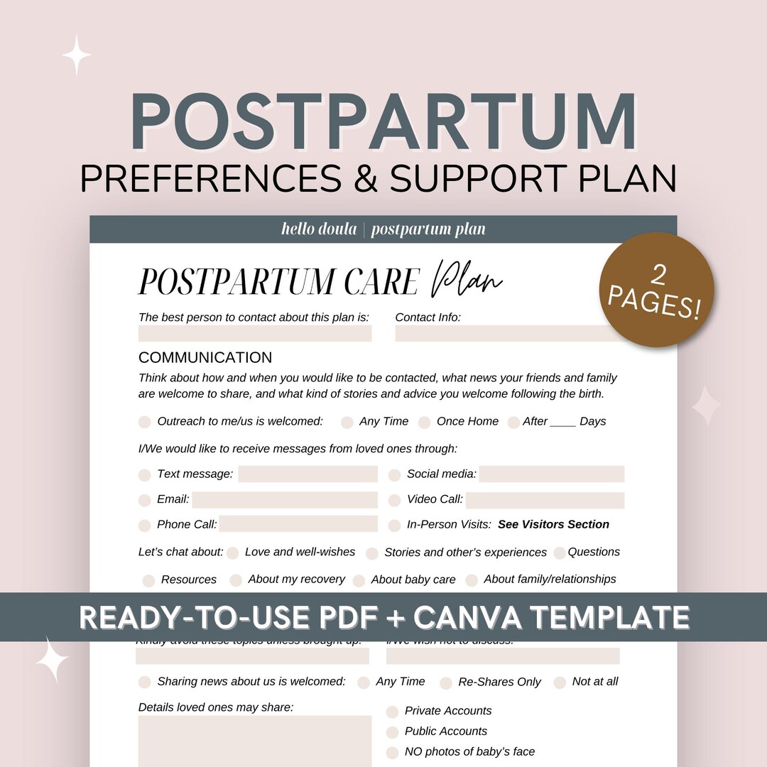 Postpartum Support Preferences Worksheet | Editable Canva Template for ...