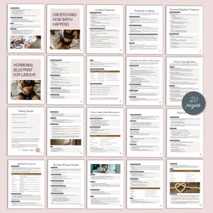 K&ouml;nnte beinhalten: Eine Sammlung von 20-seitigen Informationsdokumenten mit Titeln wie "Verstehe, wie die Geburt abl&auml;uft" und "Hormoneller Fahrplan f&uuml;r die Wehen". Die Seiten enthalten Text, Bilder und Diagramme auf einem weichen rosa Hintergrund. Die Dokumente behandeln Themen rund um Geburt und Wochenbett.