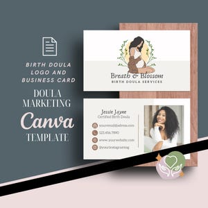Wizytówka douli porodowej i projekt logo z możliwością dostosowania – szablon Canva i plik PDF do wydrukowania – zasób brandingowy dla doul
