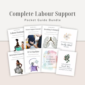May include: A bundle of pocket guide cards titled "Complete Labour Support." The cards cover topics like labour positions, breathing techniques, and partner support strategies. Each card features illustrations and text, with titles such as "TENS Machine" and "I Celebrate Small Wins."