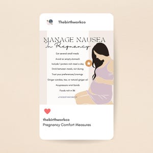 Puede incluir: Una infograf&iacute;a titulada MANAGE NAUSEA In Pregnancy de Thebirthworkco. Enumera consejos como comer comidas peque&ntilde;as, evitar el est&oacute;mago vac&iacute;o y usar jengibre. Una ilustraci&oacute;n muestra a una persona de cabello oscuro con un vestido color malva.